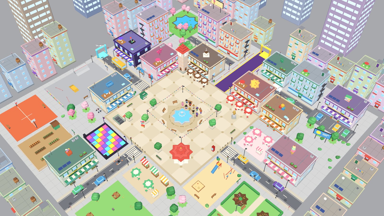 Vista general de la ciudad: plaza, negocios, cancha y skatepark