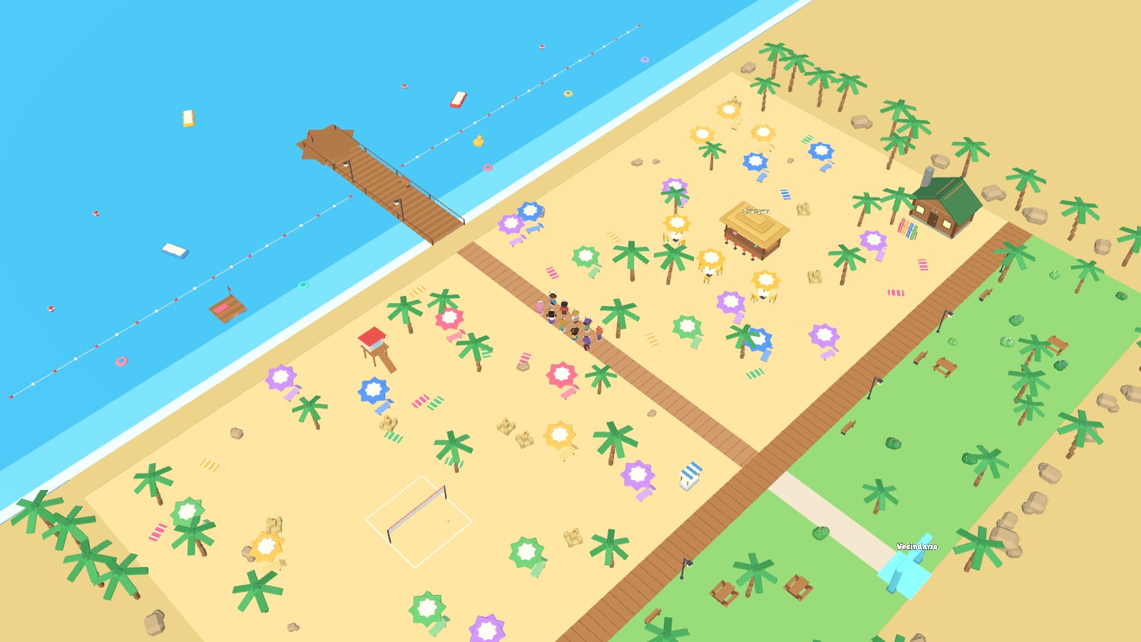La playa, con el muelle, el chiringuito y gente nadando